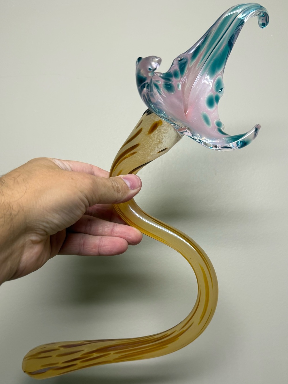 Murano Style “HAND BLOWN" Art Glass; Flower Signed 14”